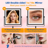 Makeup Mirror with Lights, 4000mAh Rechargeable Magnifying Mirror with Light, 1X/10X, Height Adjustable Bathroom