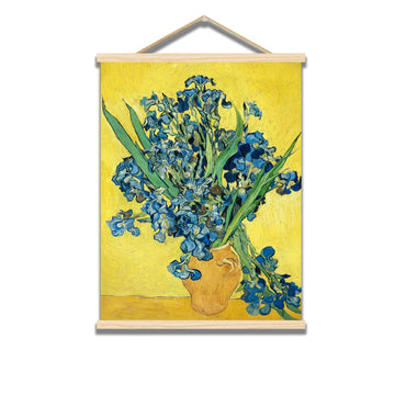 Vincent Van Gogh Canvas Wall Decor - Irises Vase Print on Yellow Background - Classic Art Reproduction - Wooden Frame