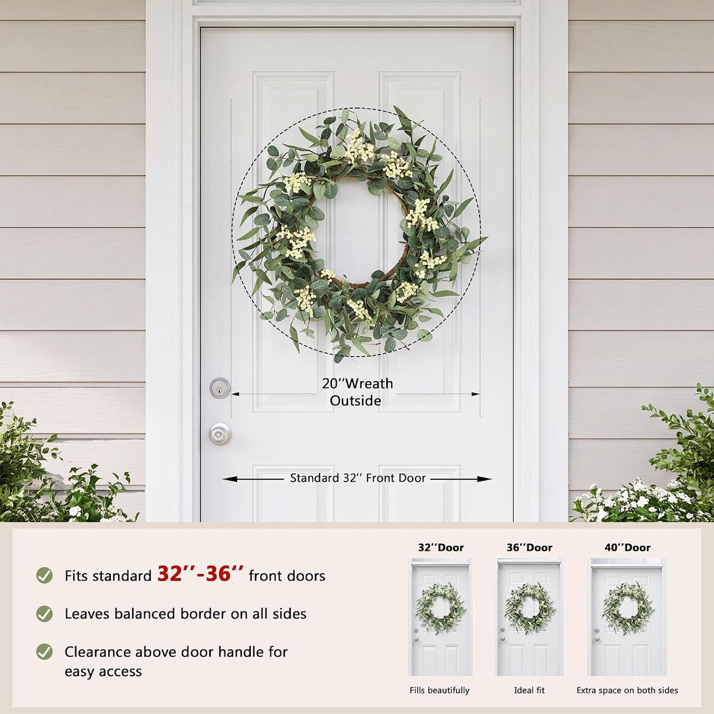 20'' Eucalyptus Wreath for Front Door Porch Decor, Spring Summer