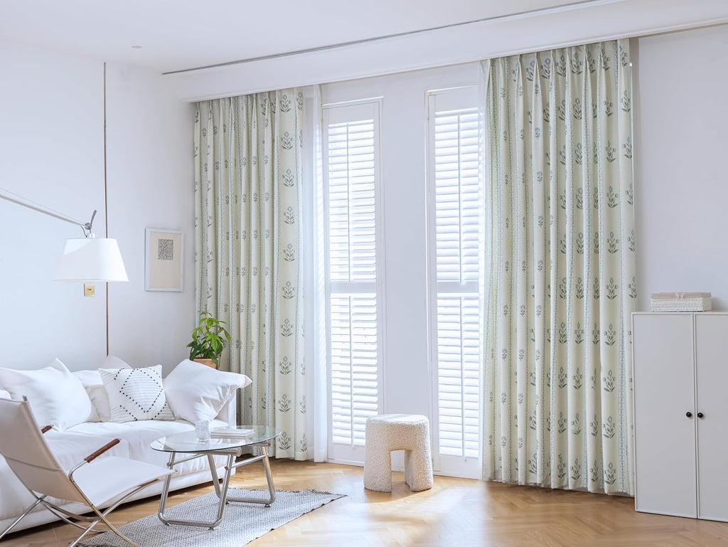 Linen Blend Pinch Pleated Curtains 96 Inches Long , Light Filtering Curtains 2 Panels Set, Modern Floral Printed