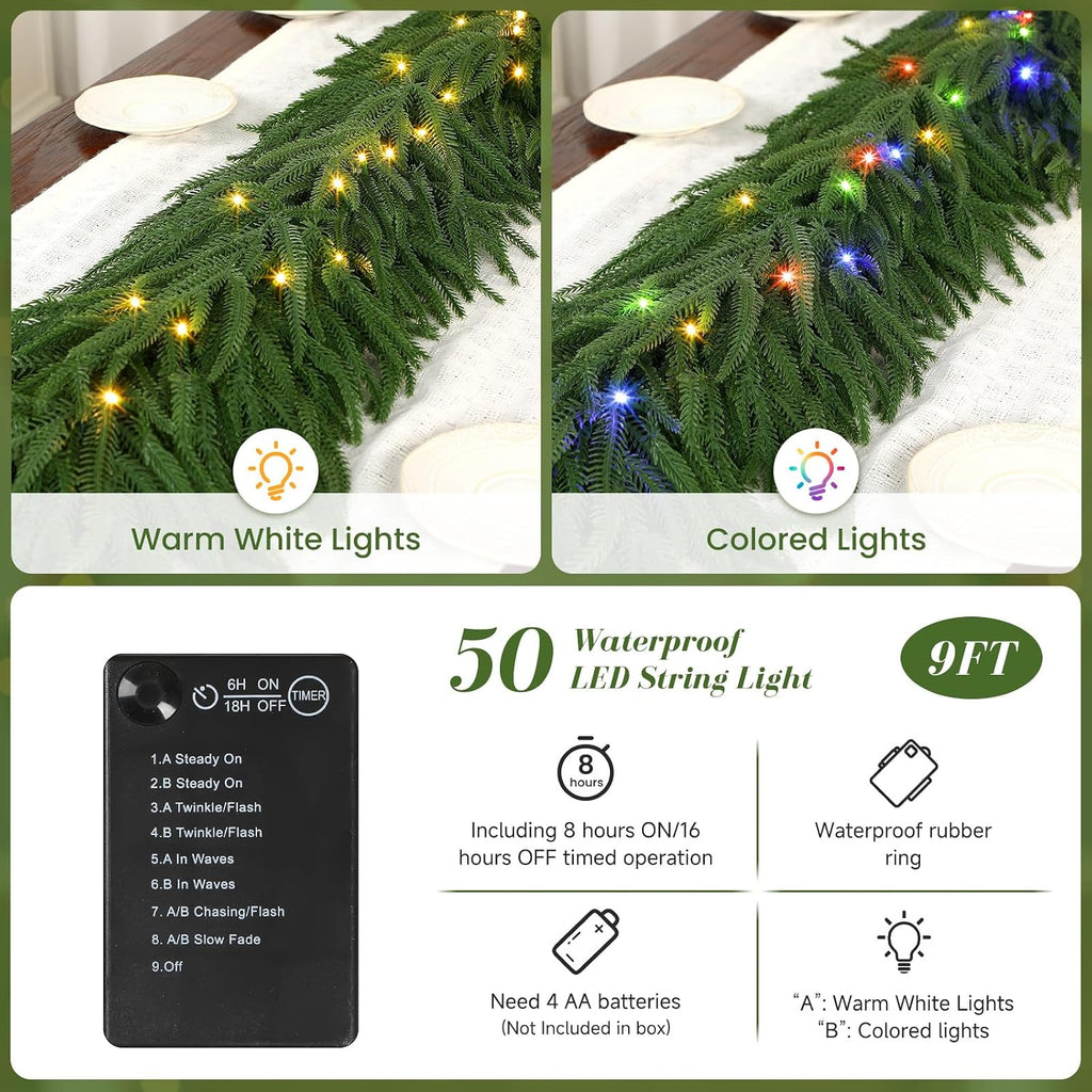 9FT Artificial Christmas Garland with Lights, Norfolk Pine Garland
