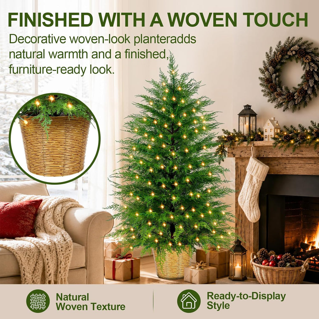 4FT Prelit Artificial Cedar Christmas Tree with Lights Plug in Power, Faux Cedar Potted Christmas Tree in Decorative