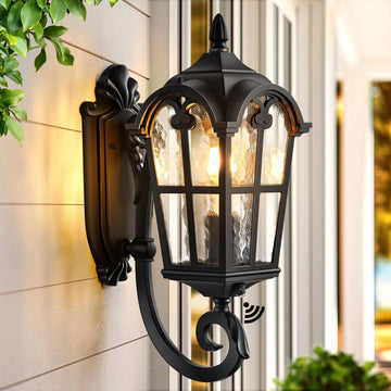Black Dusk to Dawn Outdoor Lighting, Vintage Outdoor Sconce Lights with Water Ripple Glass, 100% Aluminium Anti-Rust