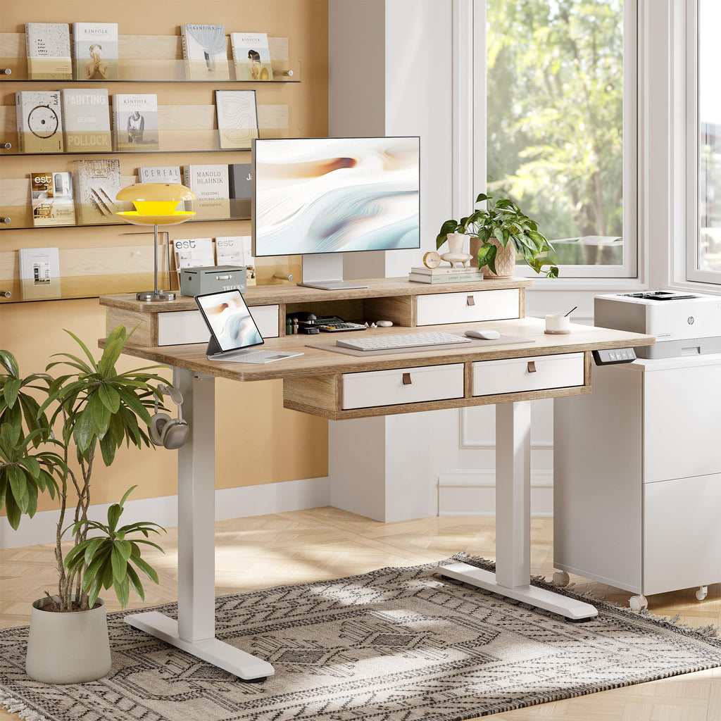 48 * 28 Inch Standing Desk with Four Drawers, Electric Sit Stand Table, Stand Up Desk Adjustable Height with Storage