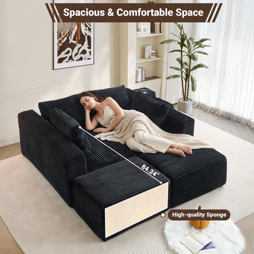 150" Oversized Black Boneless Sectional Couches w/ Storage