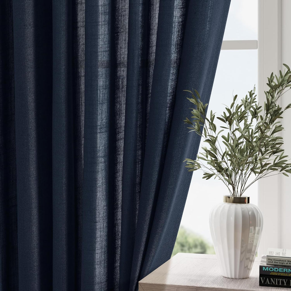 Navy Blue Linen Blend Drapes 84 Inch Length 2 Panels Set Back Tab Rod Pocket Light Filtering Semi Sheer Textured