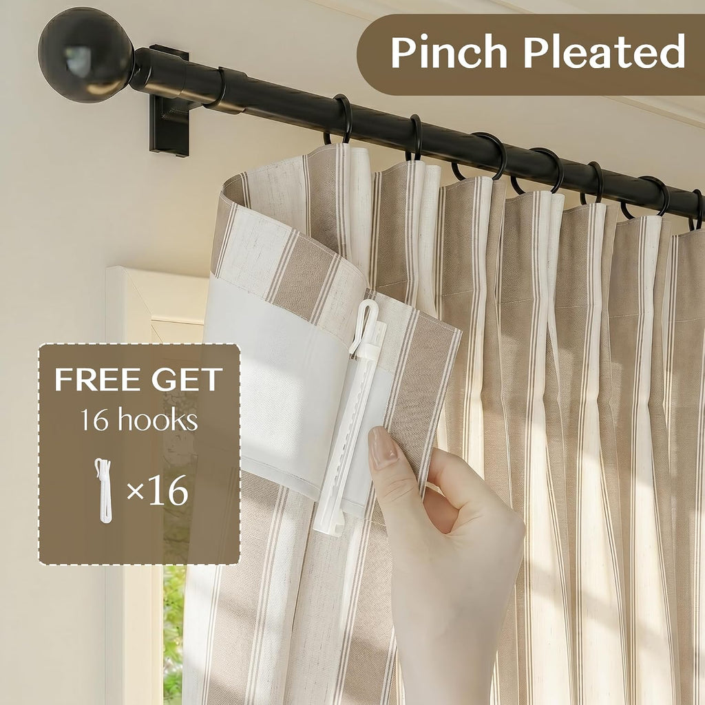 Beige Stripe Pinch Pleated Curtains 84 inches, Linen Blend Light Filtering Gingham Drapes with Memory Pleats for Living Room Bedroom, 2 Panels