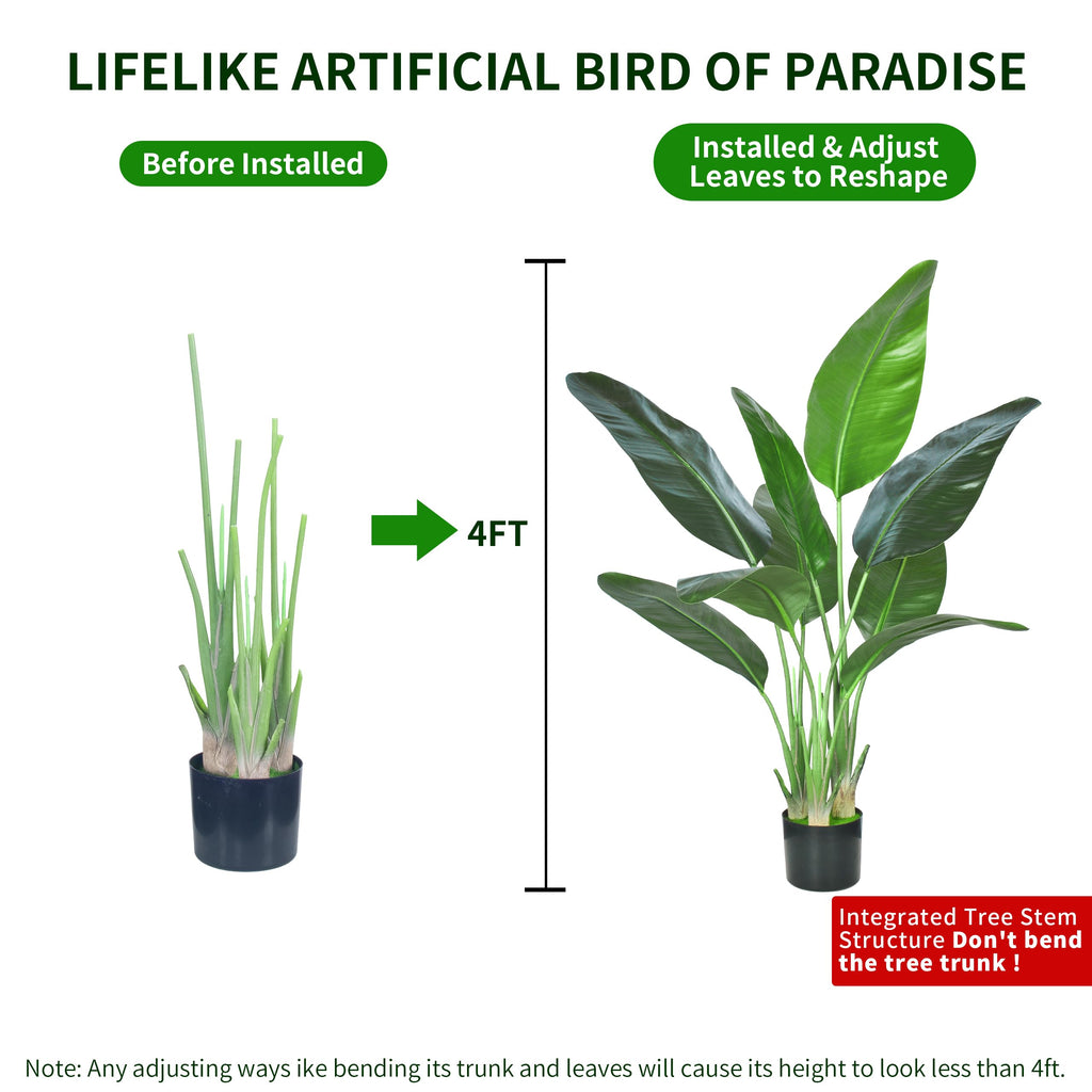 2Packs 4FT Artificial Bird of Paradise Plant, Faux Palm Tree Potted Plant with Real Touch Leaves, Fake Trees Living