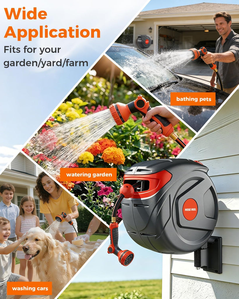 1/2 Inch 100FT Retractable Garden Hose Reel Wall-Mounted 180° Swivel 9-Patern Nozzle Automatic Slow Return Any Length