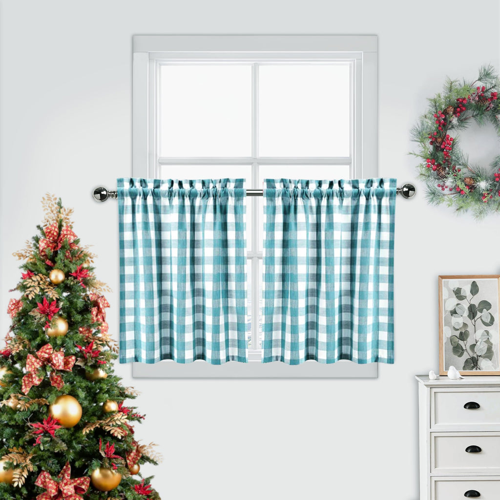 Teal White Buffalo Check Tier Curtains 36 Inch Long