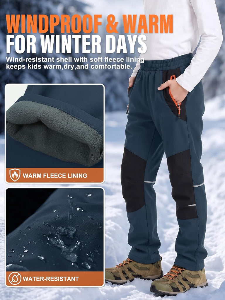 Kids Snow Pants for Boys Girls Fleece Lined Water‐Resistant Softshell Winter Outdoor Hiking Pants w/Zipper Pockets