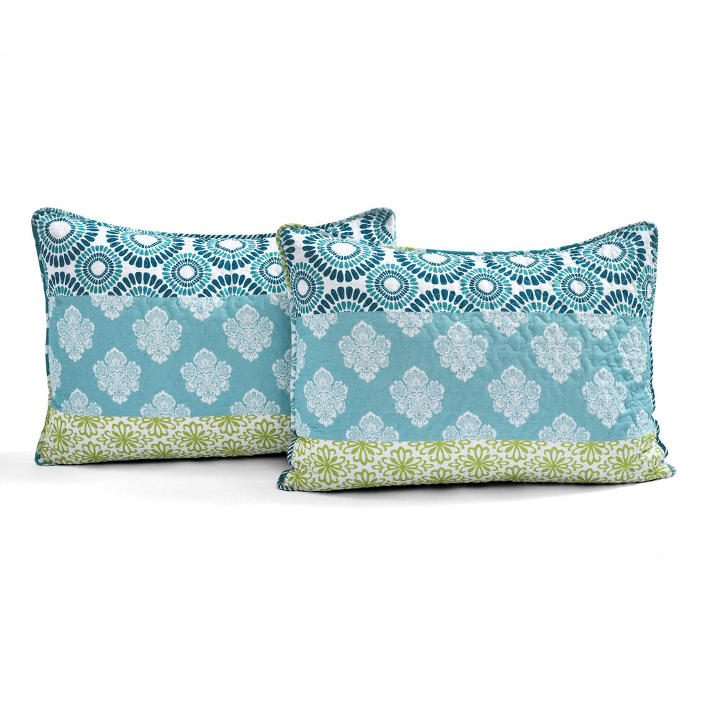 Bohemian Stripe Reversible Cotton Quilt Set, 3 Piece Set, Blue & Green - Striped Bedding Set - Blue Quilt