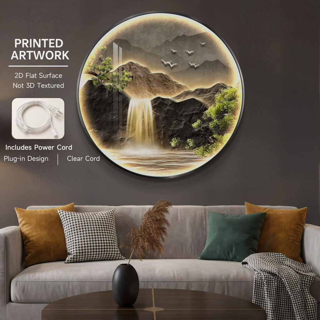 Framed LED Mountain Waterfall Wall Art, Round 30x30 Inch