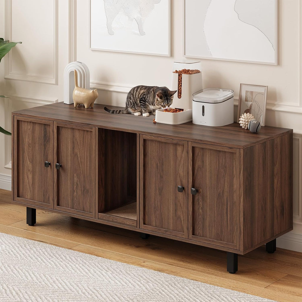 59 Inches Cat Litter Box Enclosure for 2 Cats, Walnut