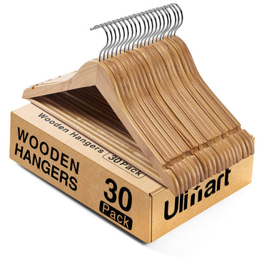 Wooden Hangers - 30 Pack Solid Wood Clothes Hangers with Bar for Closet (Natural)