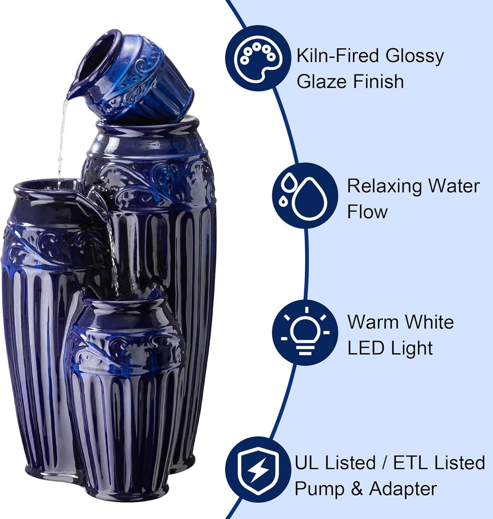 35.5" H Oversized Outdoor Water Fountain with LED Lights and Pump