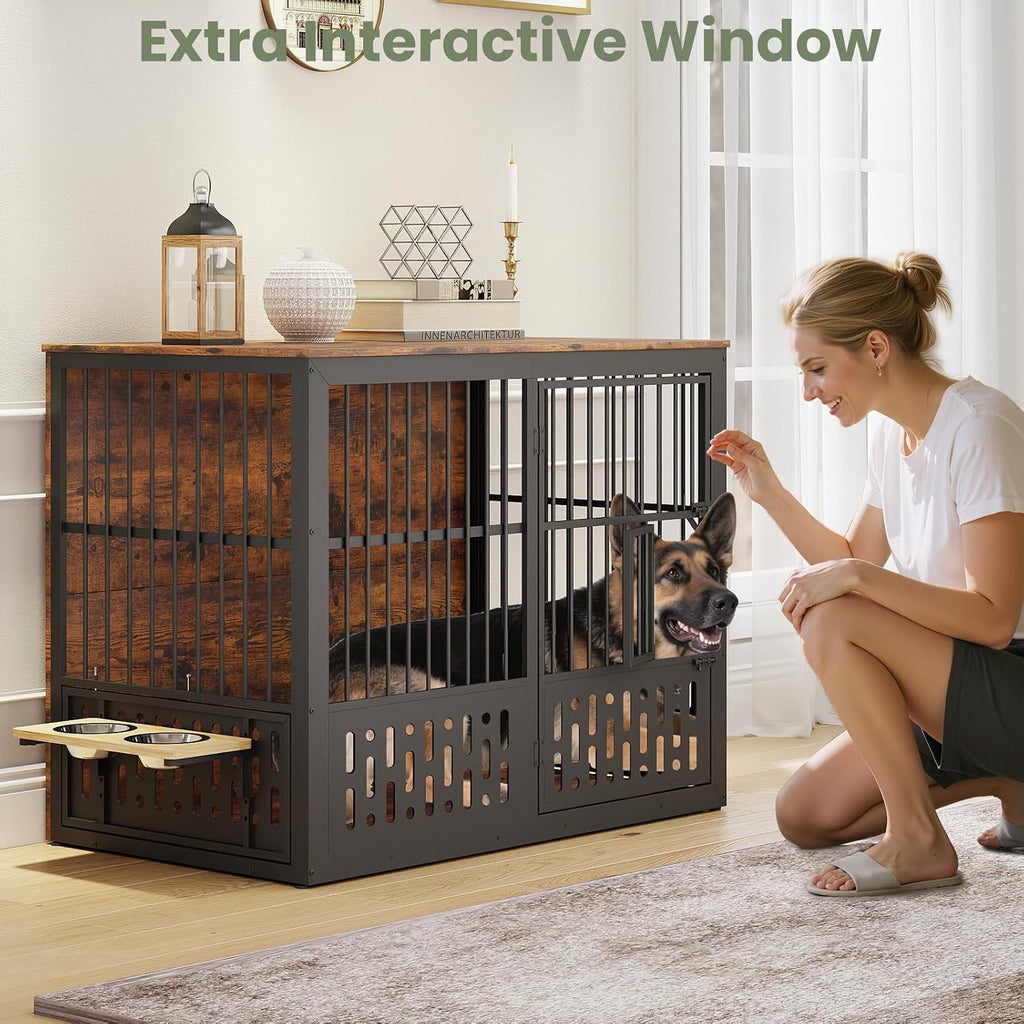 XXL Dog Crate Furniture, Wooden Chewproof Dog Kennel with Interactive Window, 360° Adjustable Bowls (5