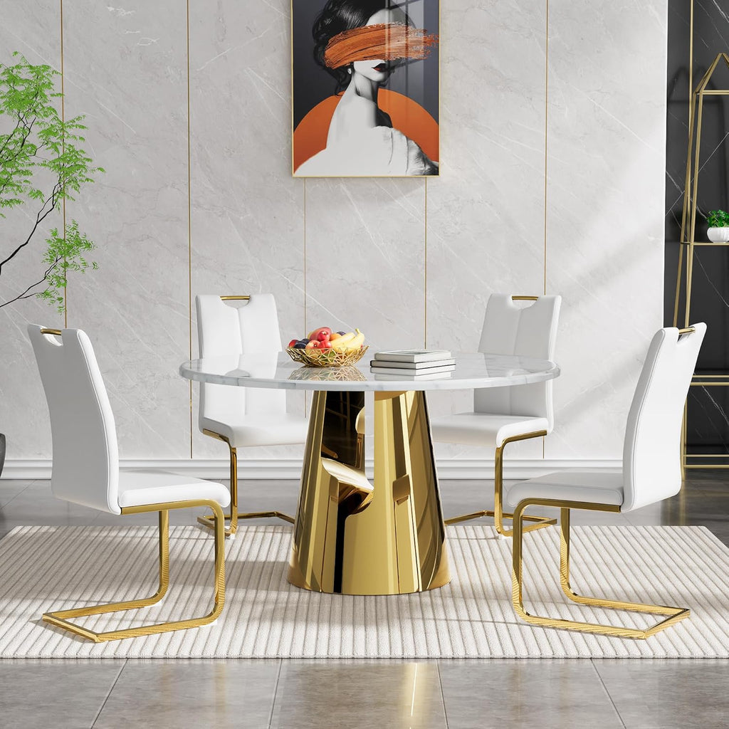 Luxury Marble Round Dining Table for 4-6, White Gold 45" Faux Marble Kitchen Table with Mirrored Stainless Steel