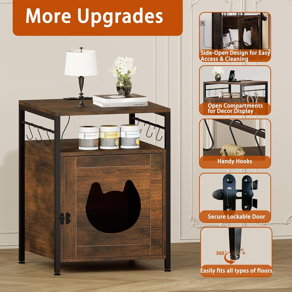 Cat Litter Box Furniture Enclosure, Nightstand with Power Outlet