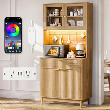 70" Fluted Kitchen Pantry Cabinet, 31.5" W Kitchen Hutch, Natural