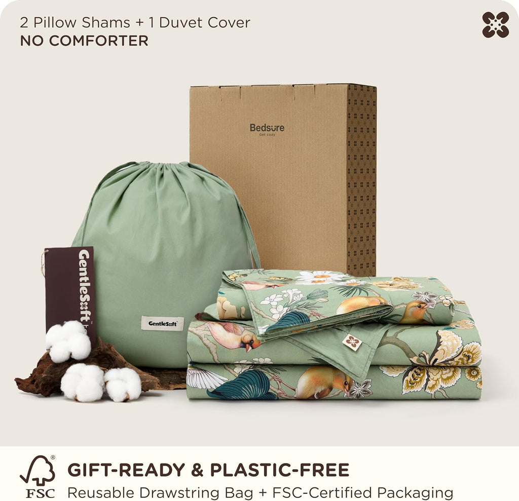 Floral Duvet Cover King - 100% Cotton Reversible Flowers and Birds Pattern Duvet Cover Set, 3 Pieces Soft &