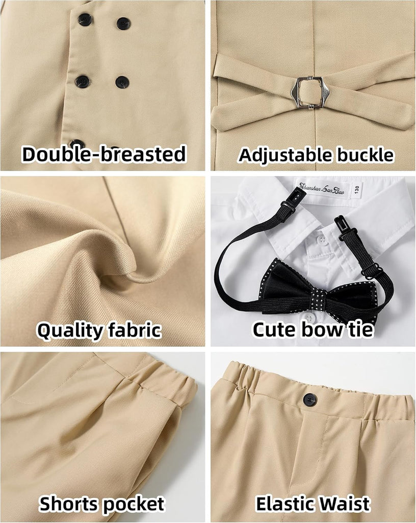 4Pcs Boys Suit, Kids Summer Dress Clothes Shirt Vest Shorts Bow Tie