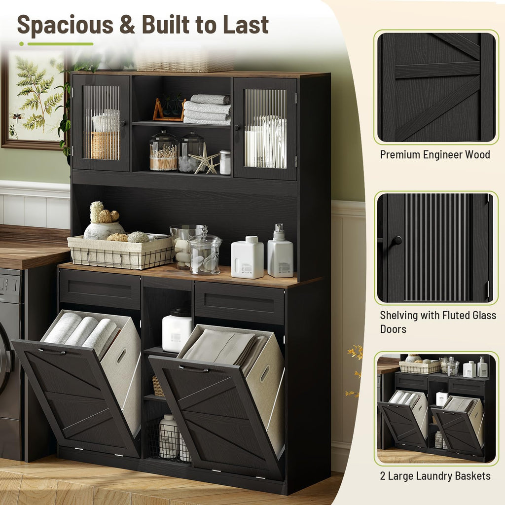 Tall Tilt-Out Double Laundry Hamper Cabinet with 2x11-Gallon Laundry Basket, Trash Bin Cabinet with Fluted Glass
