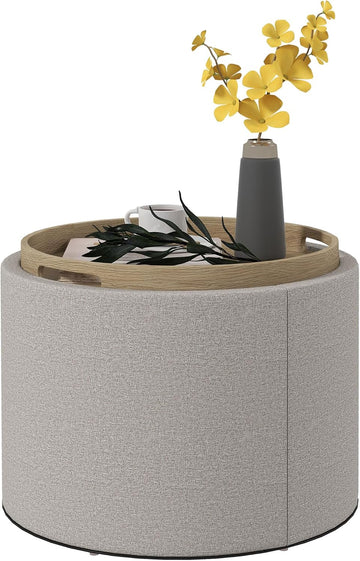 Round Storage Ottoman with Flip Top Tray, Footstool, Light Gray | Upholstered Fabric, Small Coffee Table, Hidden