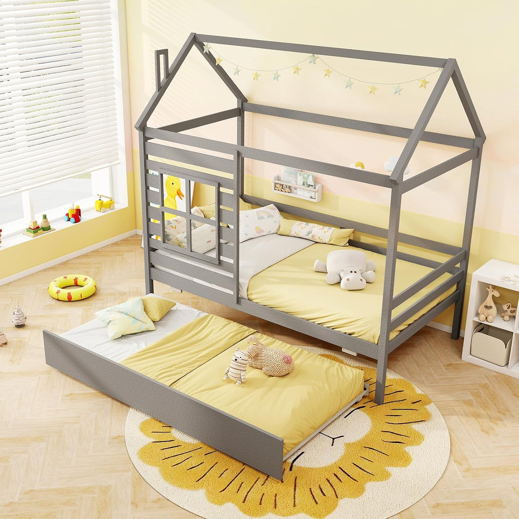 Tw Bed with Trundle Bed, Wooden Twin Bed Frames with Roof, Chimney & Window, Montessori House Bed with Safety