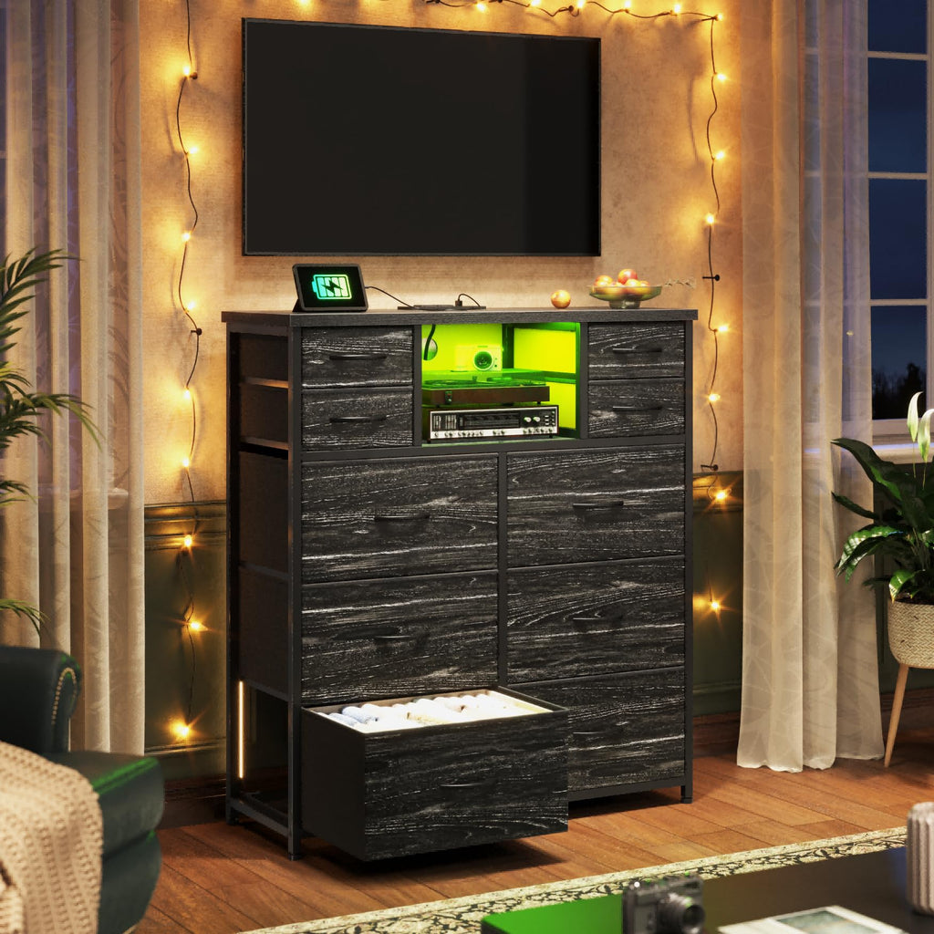 10-Drawer Tall Dresser, LED & Charging Station, Black