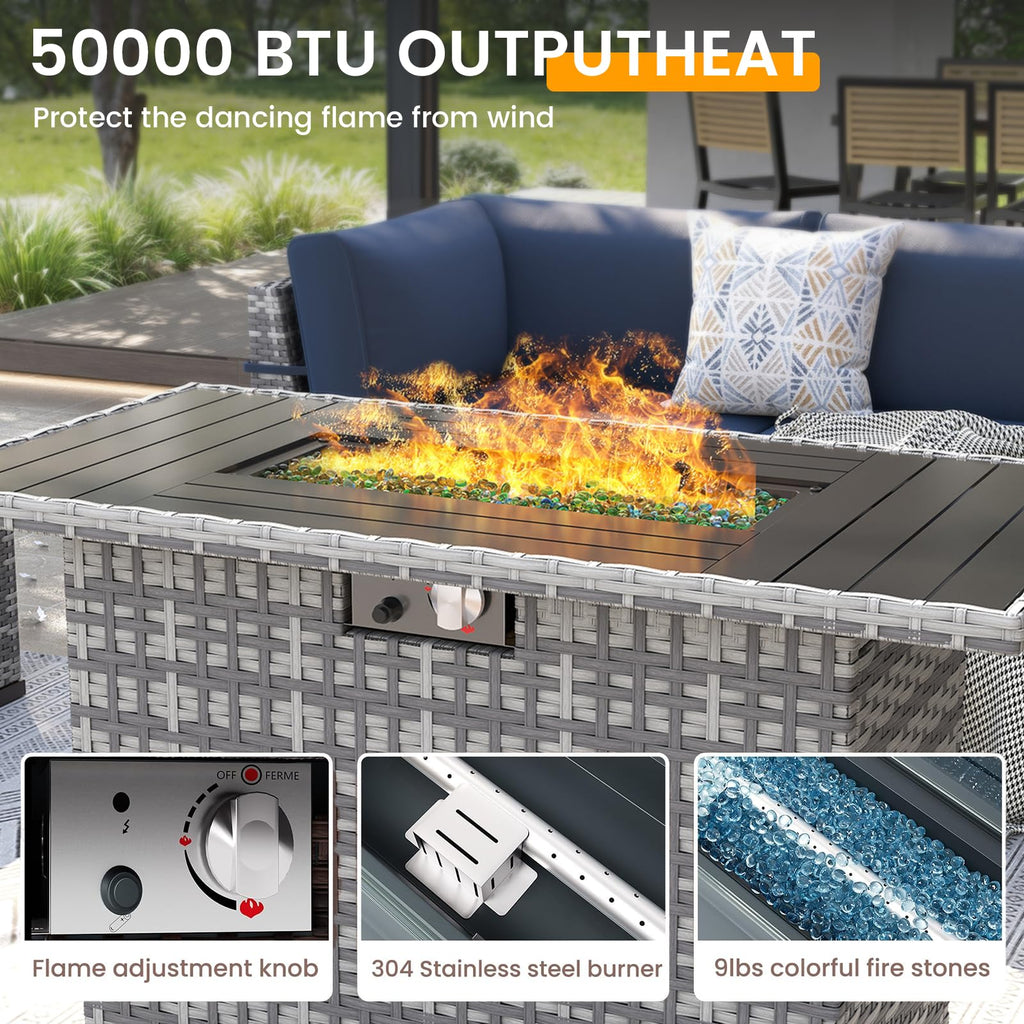 Patio Furniture Set with 44'' Fire Pit Table, 8 PCS Outdoor Sectional Furniture Sets, Outdoor Conversation Set PE