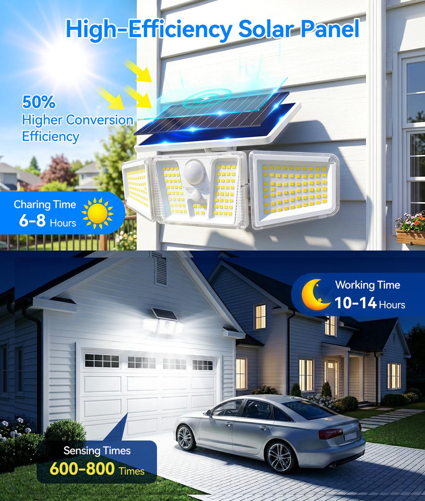 Solar Flood Lights, 210 LED Motion Sensor Outdoor Lights, Solar Motion Lights Outdoor Waterproof, 3 Heads 300° Wide