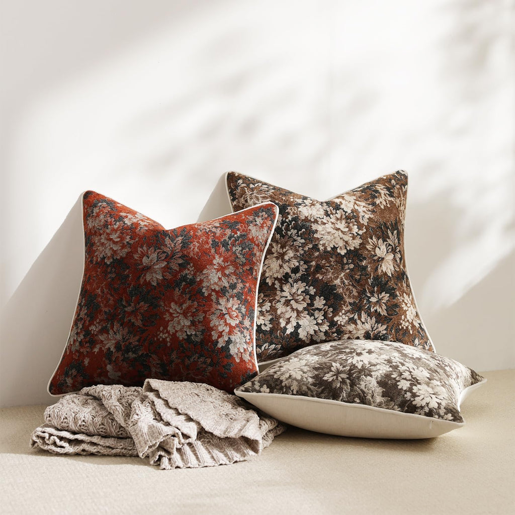 Pack of 2 Vintage Floral Euro Sham Covers 26x26 Boho Farmhouse Accents Chenille Square Decorative Throw Pillow Cases