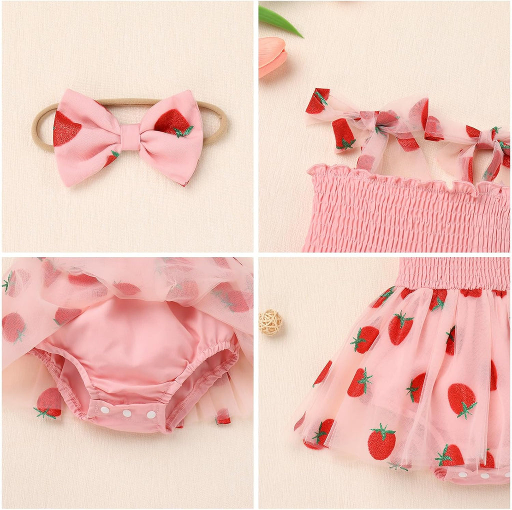 Baby Girls Toddler Kids Bowknot Strap Smocked Tulle Tutu Princess Dress with Headband Set Birthday Party Outfits