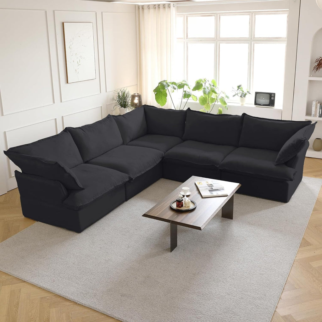 V Shape Modern Sectional Couch, Convertible Sectional Sofas Couches, Minimalist Deep Seat Sofa, Down Fill Modular Sofas for Living Room, Office, Apartment (5-Seat, Black) A124-B0D3F3MS5P