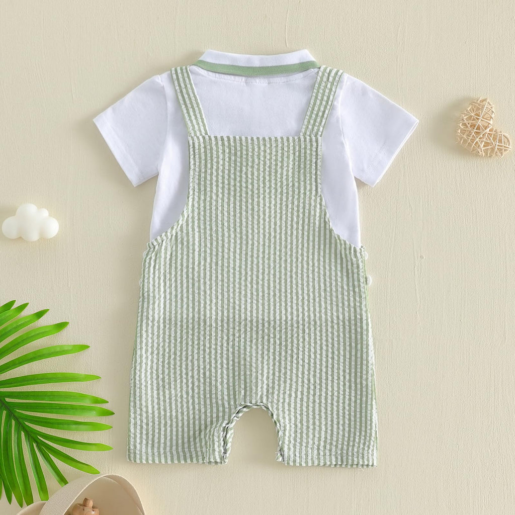 Toddler Baby Boy Clothes 2Pcs Summer Outfit Button Down Shirt & Stripe Shortall Romper Overall Sets