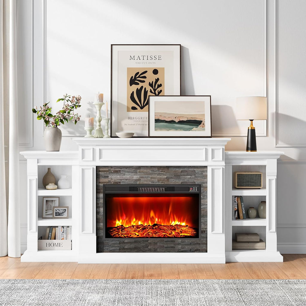 80" Electric Fireplace with Mantel and Cabinets, Fireplace TV Stand for Living Room Bedroom, 30in Realistic Flame
