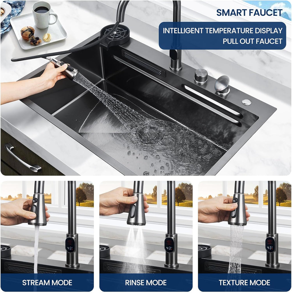 33inch Waterfall Kitchen Sink Drop In Metal Black - 33x22x10 with Faucet Combo Double Step Workstation 16 Gauge