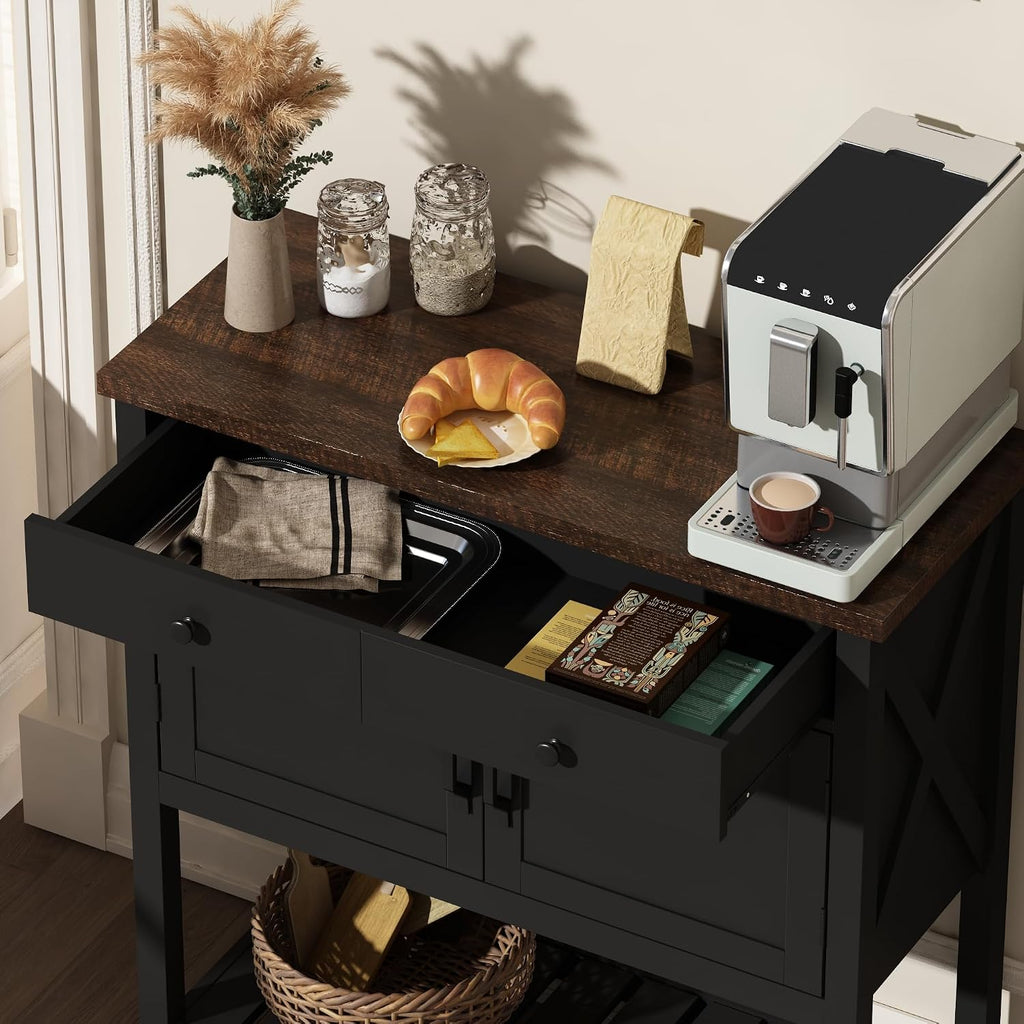 Farmhouse Console Table, Entryway Table with Storage Shelf, Coffee Bar Cabinet, Narrow Buffet Sideboard , Black