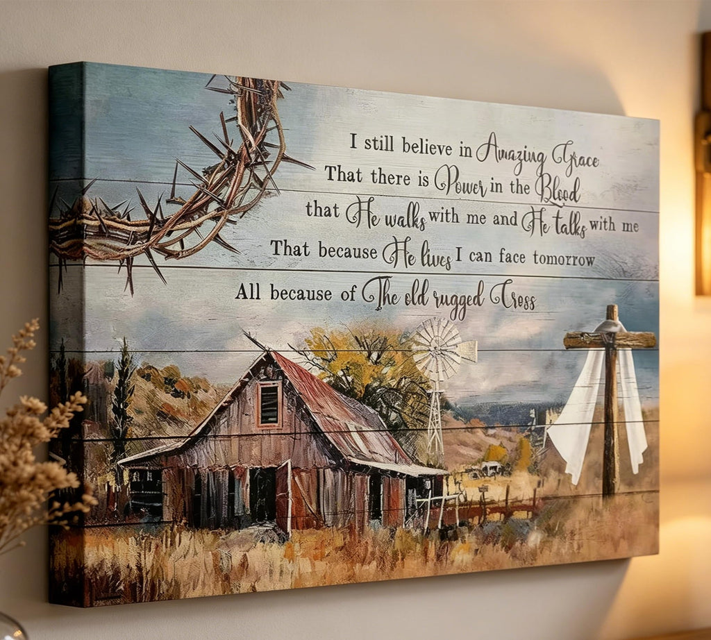 The Old Rugged Cross Canvas Wall Art, Religious Hymn Painting Picture Wall Decor, Vintage Barn Windmill Poster Print