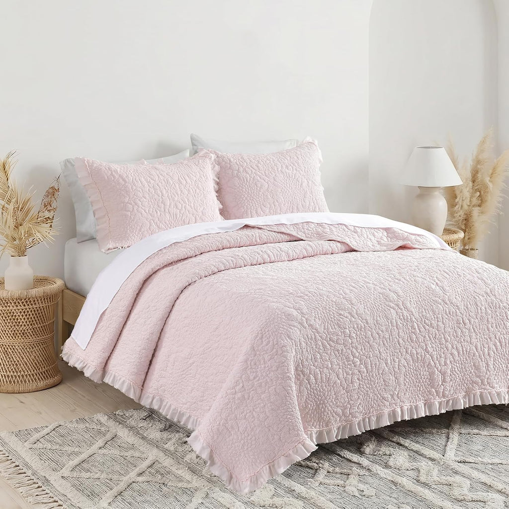 Pink Ruffled Quilt King, Stone-Washed Microfiber Lightweight Crinkled Farmhouse Rustic Shabby Chic Bedding Set, 3