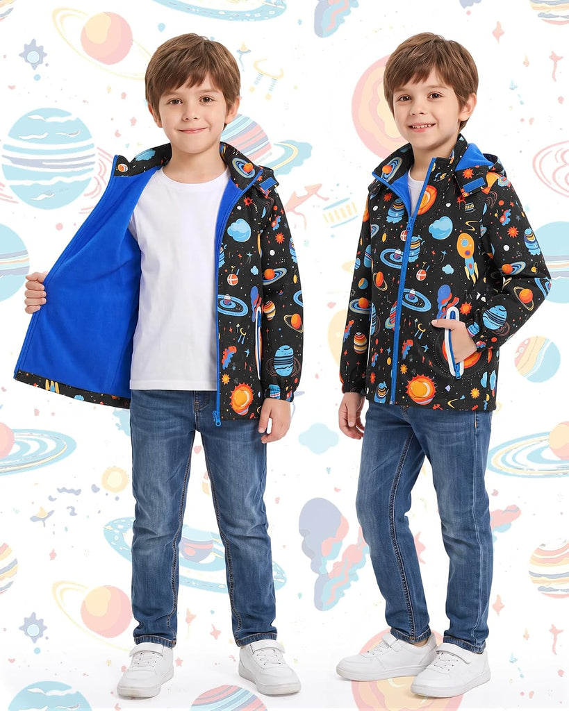 Boys Rain Jacket Waterproof Raincoats for Kids with Detachable Hood Fleece Lined Lightweight Windbreaker