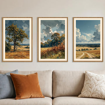 Vintage Country Landscape Framed Canvas Wall Art, Watercolor Pastoral Tree Wall Decor, Neutral Fall Scenery Art