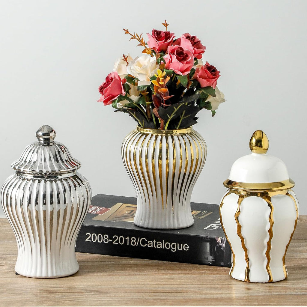 Ginger Jar, Small White Gold Vase for Decor Decor, Modern Handmade Decorative Flower Vase, Ceramic Ginger jar