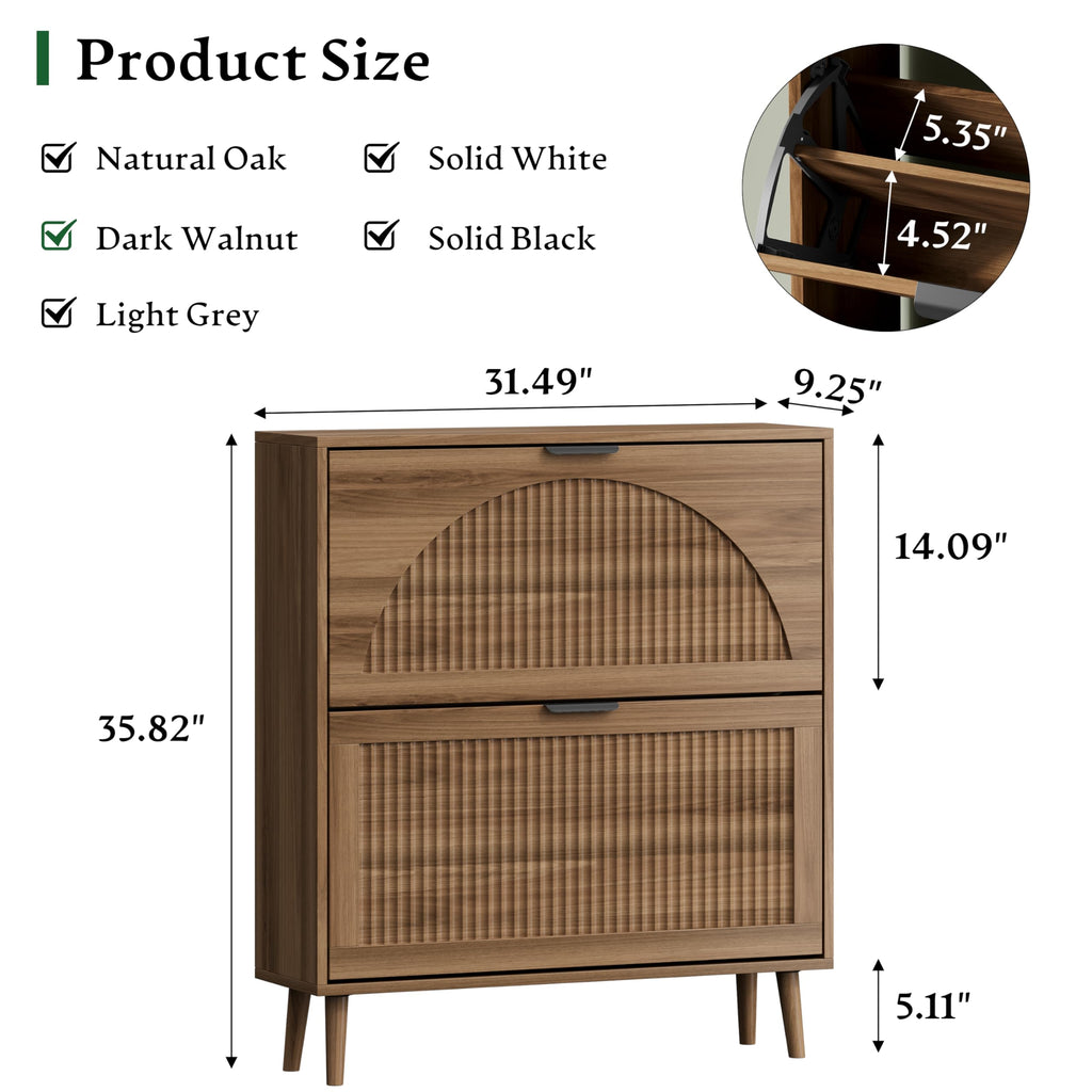 Shoe Storage Cabinet with 2 Flip Drawers, 36" Tall Narrow Wood Fluted Shoe Organizer, Freestanding Wooden Hidden
