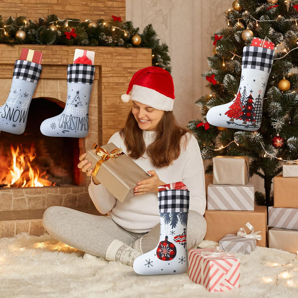 6 Pack Christmas Stockings Bulk 20" Large Embroidered Gray Burlap Buffalo Plaid Hanging Stockings Farmhouse Santa