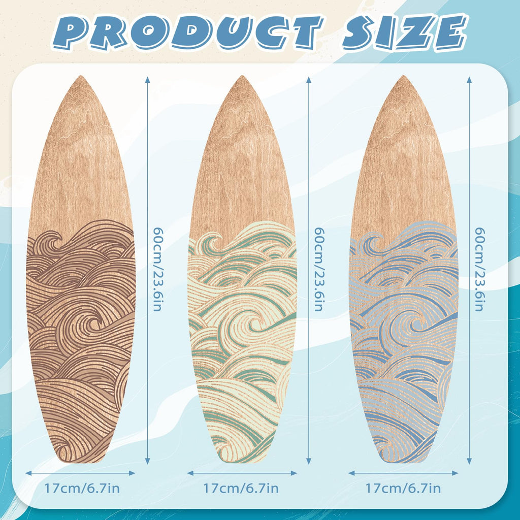 3 Pcs Surfboard Wall Art Decor Mixed Color, 23.62" x 6.69", Wave