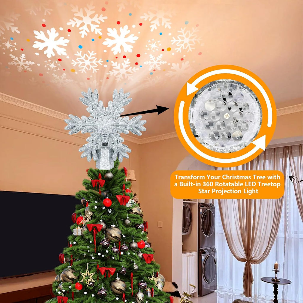 Snowflake Tree Topper with Rotating LED Projector, 3D Glitter Snowflake Plug-in Tree Top Ornament for Indoor