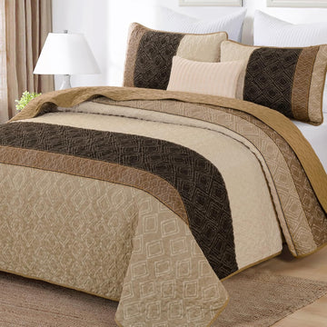 Boho Quilt Set,Striped Plaid Bedspread Coverlet Set,Light Brown Bedding Set Soft Microfiber Bedding Set with 2