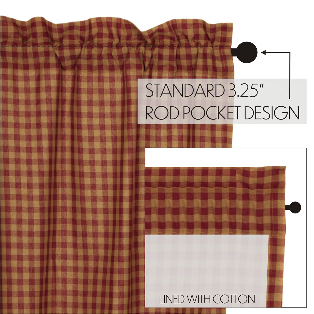 Check Cotton Primitive Kitchen Curtains Rod Pocket 16x60 Valance, Burgundy Red